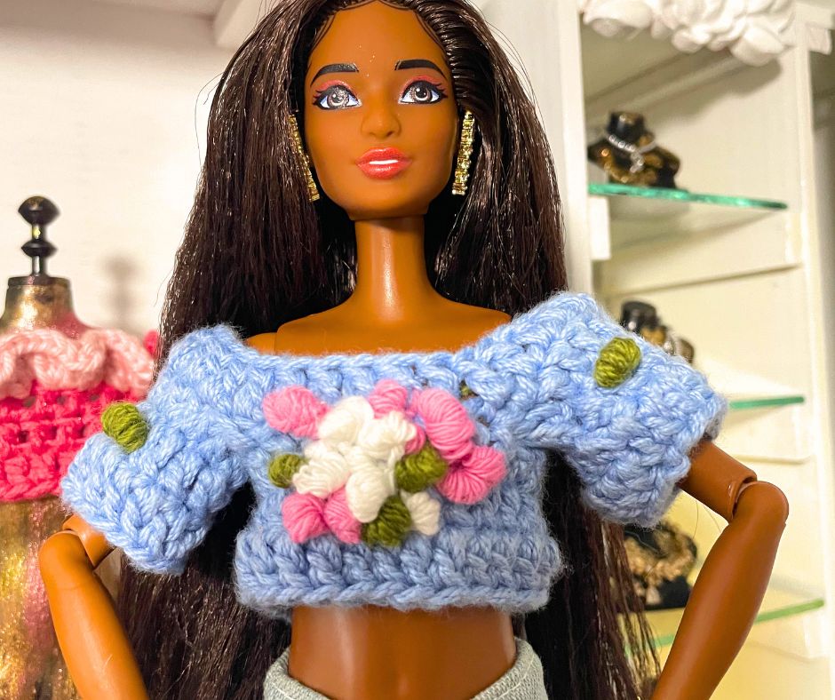 Free Fashion Doll Embellished Off Shoulder Top Crochet Pattern