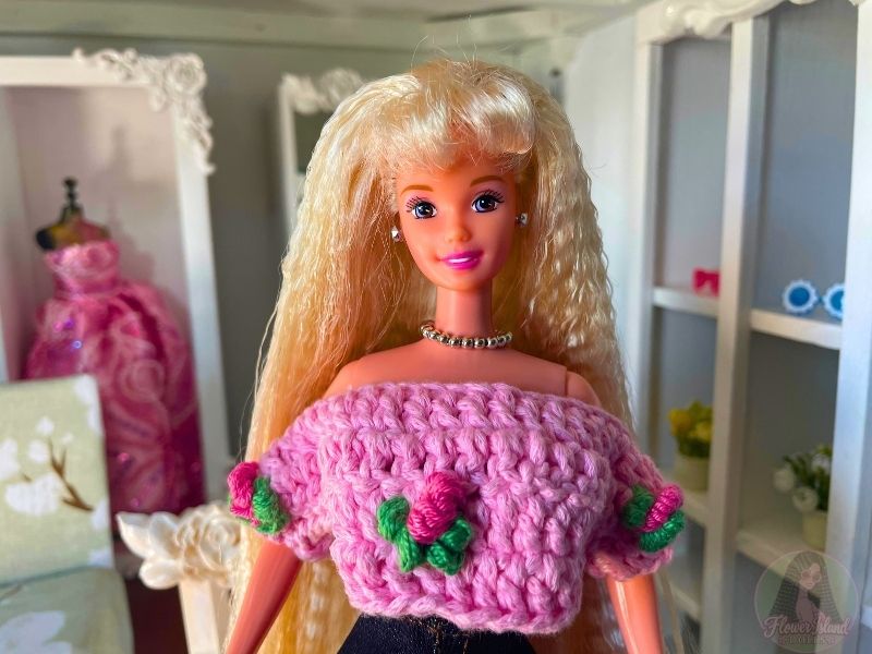 Romantic Embellished Rose Bud Crochet Fashion Doll Blouse Free Pattern & Tutorial